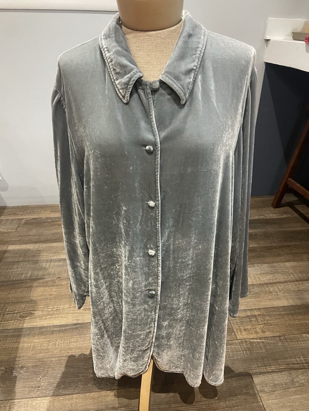Soft Surroundings Silk Blend Crushed Velvet Slate Blue Button Down Tunic Top 1X